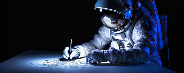 An astronaut creating glowing designs in a dark space environment on a futuristic surface
