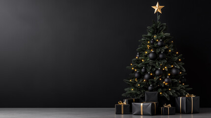 Elegant black and gold Christmas tree with matching ornaments and wrapped gifts, creating a luxurious and sophisticated holiday setting on a dark background.