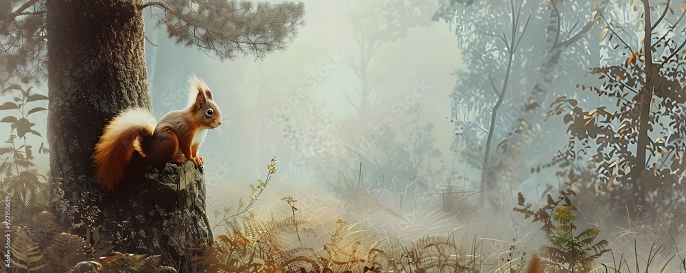 Poster a red squirrel perched on a tree trunk in a misty forest