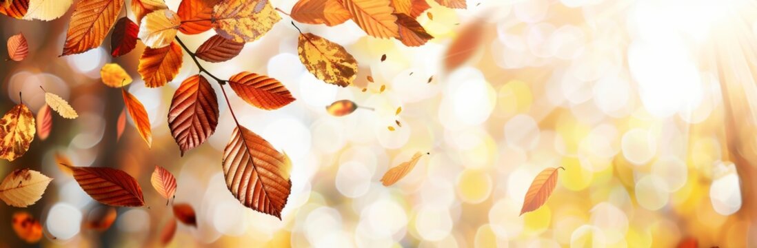 Autumn leaves fall from a branch with a blurred background of golden bokeh. - Powered by Adobe