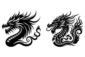 Dragon head set black silhouette vector illustration isolated on transparent background- Generative AI