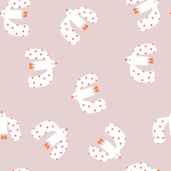 Seamless pattern with white birds on red dots. Vector illustration.