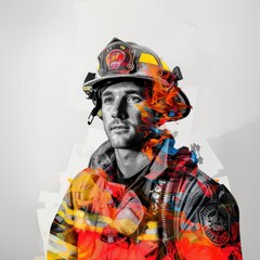 Brave firefighter amidst colorful flames