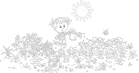 Funny little girl watering green vegetables in her kitchen garden on a sunny summer day, black and white outline vector cartoon illustration for a coloring book