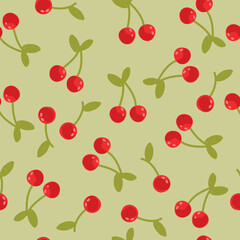 Seamless pattern with red cherries on green background. Vector illustration