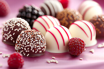 A plate of assorted chocolate and raspberry desserts with a pink background. The desserts are arranged in a visually appealing manner, with some of them having sprinkles on top