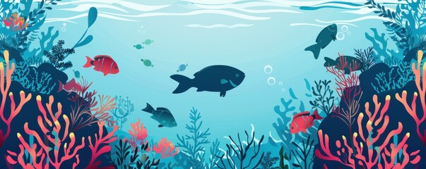 Fototapeta premium Underwater scene with cartoon fish and colorful coral, flat vector design.