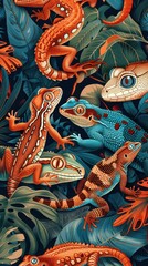 Obraz premium A vivid display of various lizards and geckos resting among lush green leaves and tropical plants