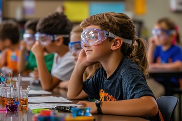 Young students in a colorful classroom setting are actively engaged in science experiments with various laboratory equipment, fostering an environment of enthusiasm and interactive learning.