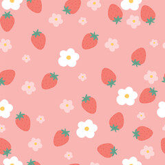 Seamless pattern with flowers and strawberries on pink background. Vector illustration.