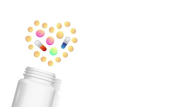 Animation. Tablets of various shapes are on the table.
 Medicine, healthcare. Copy space, template