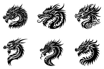 Obraz premium Dragon head set black silhouette vector illustration isolated on transparent background- Generative AI