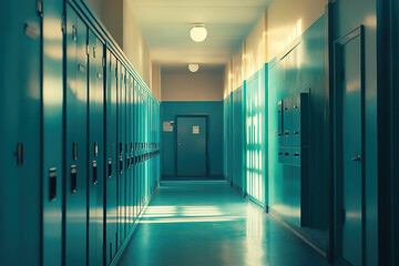 Cinematic Wide-Angle View of a School Hallway with Blue and Teal Lockers, Enhanced by Warm Lighting and Modern Design Features.