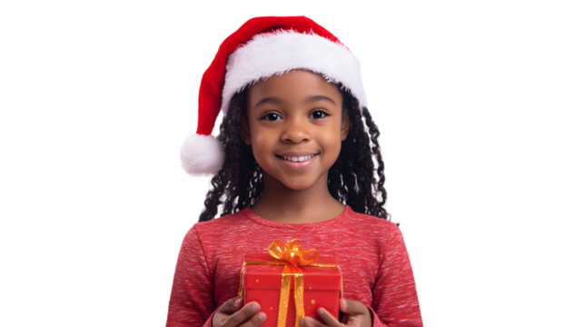 Portrait of a black girl with a gift in her hands and a Santa hat, isolated on white background - Powered by Adobe