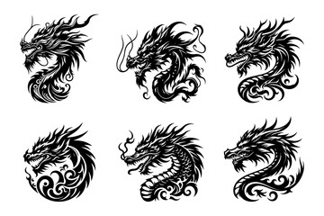 Dragon head set black silhouette vector illustration isolated on transparent background- Generative AI