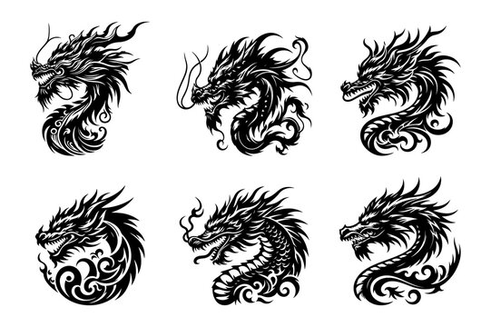 Dragon head set black silhouette vector illustration isolated on transparent background- Generative AI