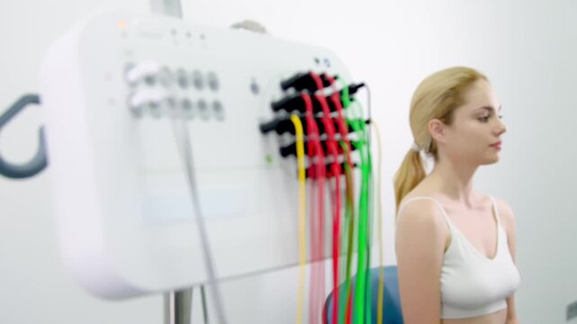 The patient is preparing for a brain activity scan. Ideal for illustrating modern medical diagnostics and healthcare technology.