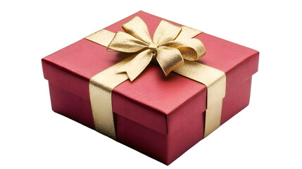 Red gift box with gold ribbon and bow, isolated on white background