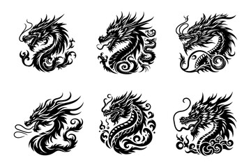 Obraz premium Dragon head set black silhouette vector illustration isolated on transparent background- Generative AI