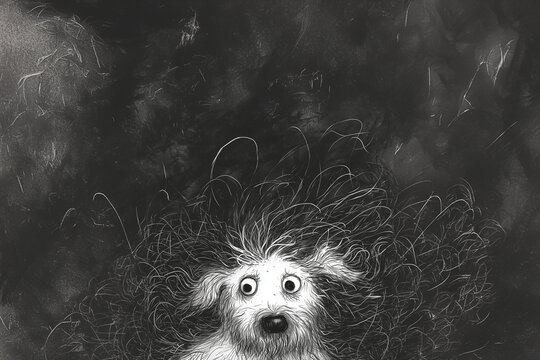 noir et blanc : petit chien aux yeux ronds, avec des poils &eacute;bouriff&eacute;s,  qui perd ses poils partout, sur fond noir textur&eacute; espace n&eacute;gatif copyspace