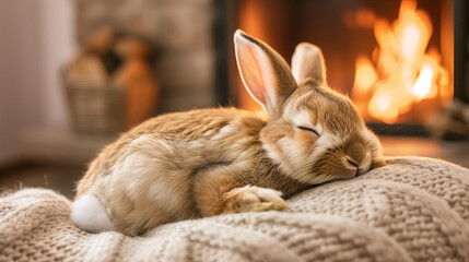 A brown rabbit sleep happily on a comfortable mattress in a cozy living room with a fireplace in warm atmosphere.