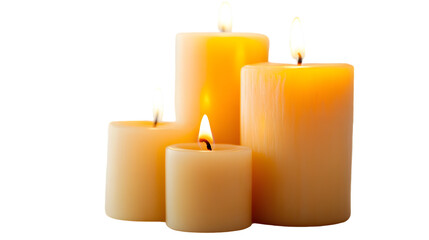 Pillar candles with flames illuminated, isolated on white background