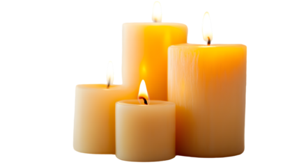 Pillar candles with flames illuminated, isolated on white background
