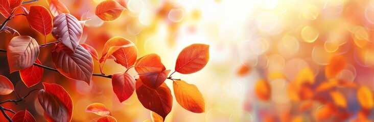 Close-up of vibrant red and orange leaves on a branch with a blurred background of golden light.