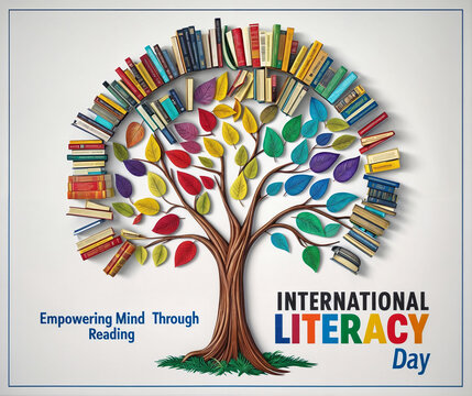 A vibrant tree composed of books of various colors and sizes, with the text word phrase "International Literacy Day". September event
