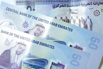 Close up Dirhams currency, AED, Bank note and coins, United Arab Emirates