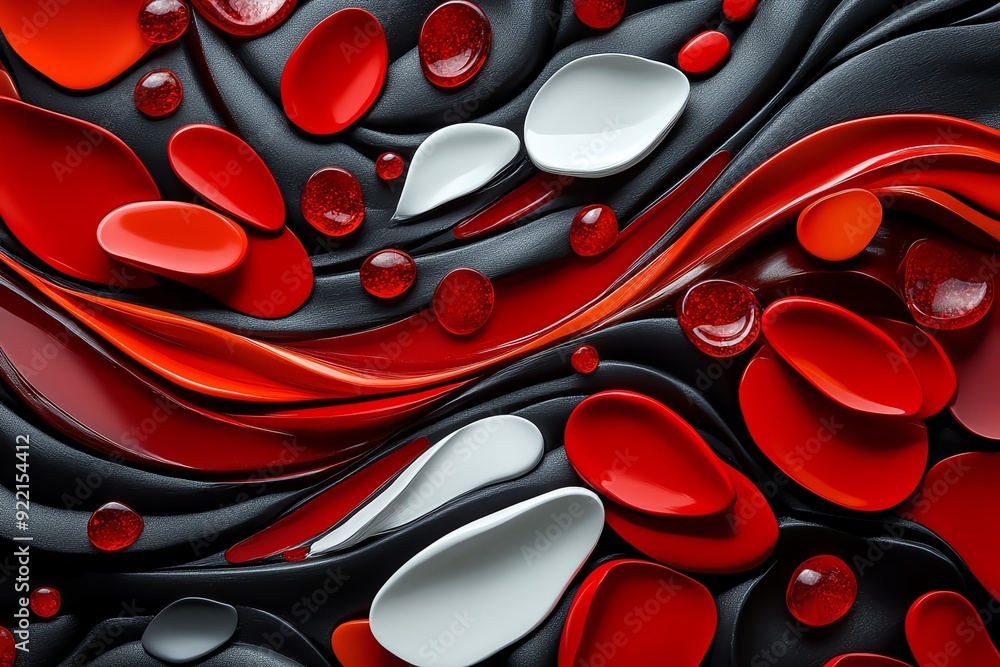 Aufkleber Abstract art with flowing red, black, and white shapes creating a dynamic and colorful pattern. Suitable for backgrounds and creative projects.