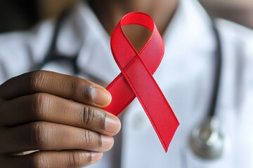 Close-up of healthcare professional holding red ribbon for AIDS awareness