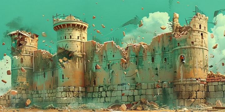 Destruction of the walls of Jericho. Crumbling medieval castle fort walls. Tactical Brilliance Behind the Toppling of Jericho's Formidable Ramparts.