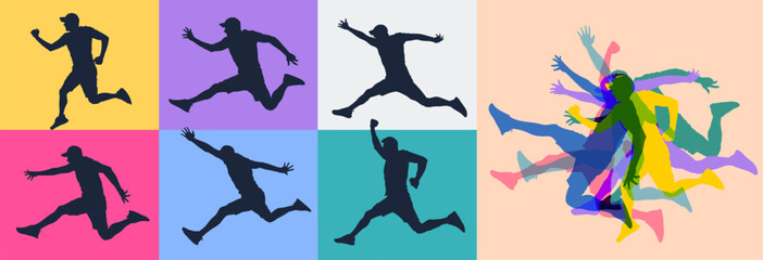Set of black silhouettes of jumping, joyful, carefree, attractive, shiny, modern, young people in different moods, flying in the air. Vector travel sale summer concept illustration.