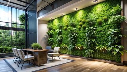 Lush greenery flourishes on a modern, sleek vertical garden wall, bringing a touch of natural serenity to a contemporary indoor living or working space.