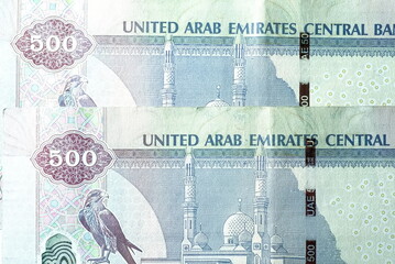 Close up Dirhams currency, AED, Bank note and coins, United Arab Emirates