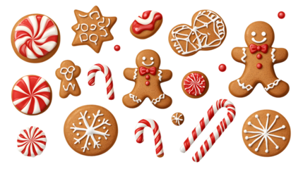 Set of candy cane and gingerbread man cookie biscuit, many assorted different designs, mockup template for artwork design, isolated on white background