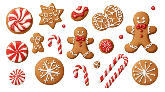 Set of candy cane and gingerbread man cookie biscuit, many assorted different designs, mockup template for artwork design, isolated on white background