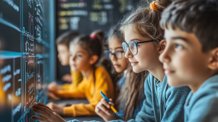 Children engage in a collaborative learning activity, solving problems on a large interactive screen, focused and working together in a classroom setting.