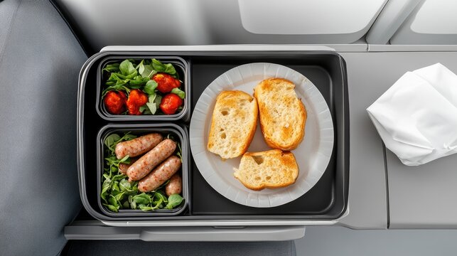 A well-presented meal featuring sausages with red sauce accompanied by soft bread rolls on a clean tray, ideal for a flight dining experience
