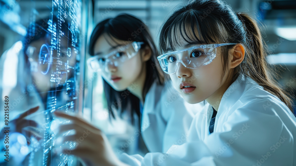 Poster two scientists wearing lab coats and safety glasses analyze data on a futuristic touchscreen display