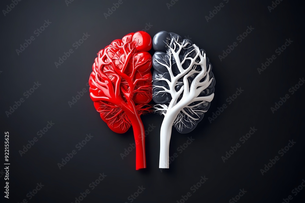 Poster abstract model of human kidneys in red and black on dark background, showcasing anatomy with intrica