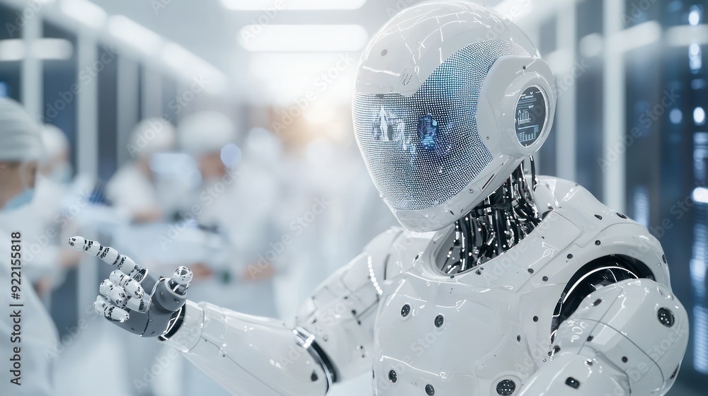 Poster embracing innovation: ai-powered robotic assistant in high-tech lab inspiring scientific progress, g