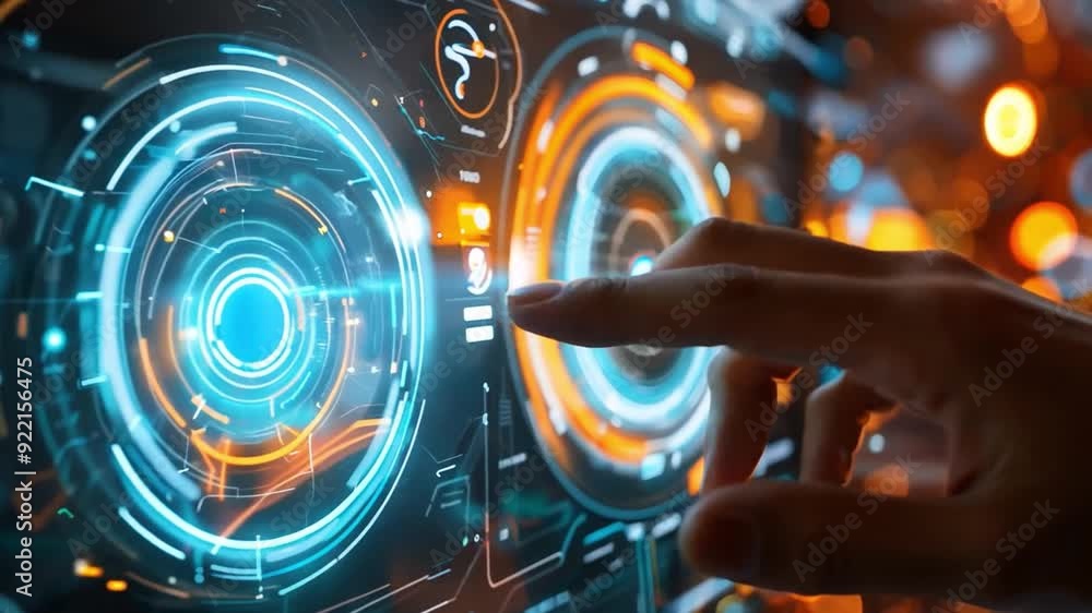 Poster a hand interacts with a vibrant, high-tech touchscreen displaying intricate data and glowing graphic