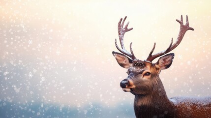 deer stands gracefully amidst softly falling snow, capturing the serene beauty of winter in nature.