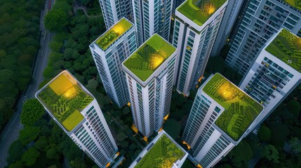 Sustainable infrastructure with radiant green roofs, Glowing urban greenery, Eco-friendly project, Overgrown Leafy  Energetic
