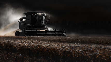 Fototapeta premium A tractor running through a wheat field to harvesting in Autumn season, black color tone.