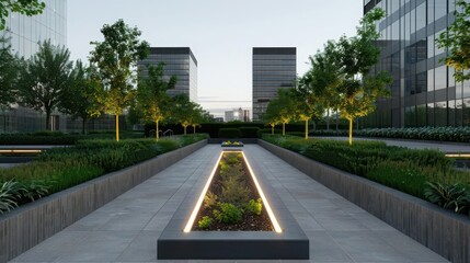 Obraz premium Sustainable urban infrastructure with radiant lighting systems, growing eco-design, Eco-friendly project, Greenery Overgrown Leafy