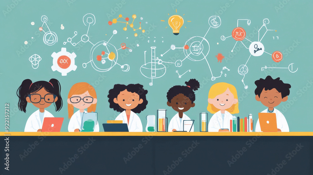 Poster a diverse group of children in lab coats enthusiastically engage in science and learning, surrounded