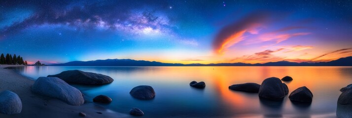 Panoramic Photo of Lake Tahoe, Boulders on Shore, Sunset with Blue Sky and Orange/Purple Clouds, Starry Night, Milky Way
